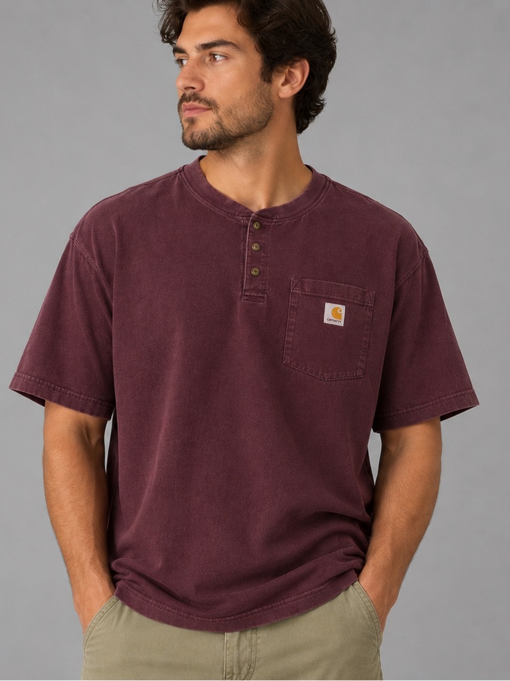 Carhartt K84 Heavyweight Henley Pocket T-Shirt Mens XL Burgundy Maroon